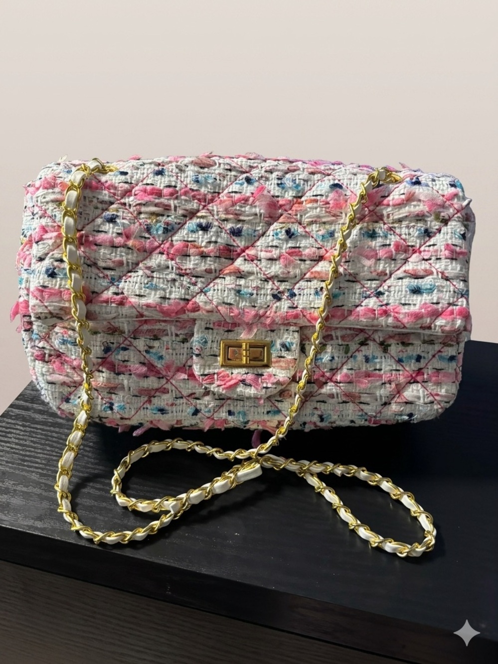 Quilted Pink Multi Tweed Shoulder Bag with Gold Chain